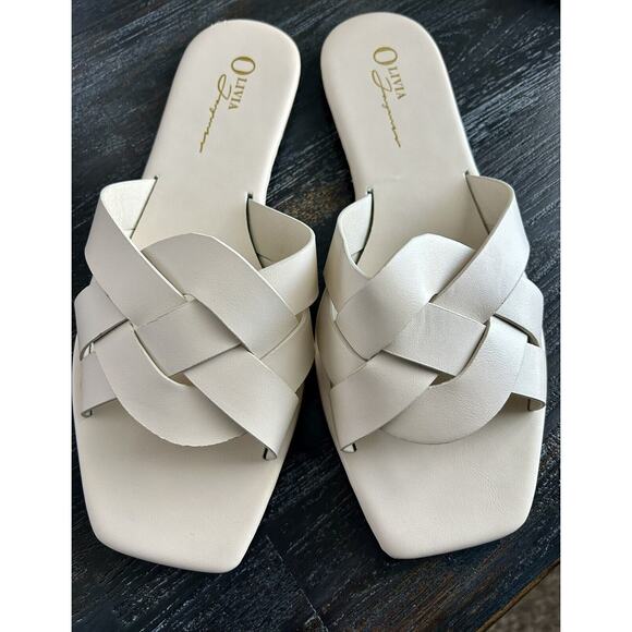Olivia Ferguson Women's Beige Woven‎ Flat Sandal New Size 9 Vegan Leather Classy - Picture 2 of 9